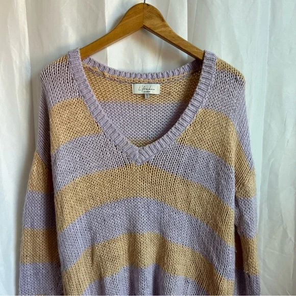 L'ACADEMIE Park Rib Knit Striped Sweater Lavender Orange V-Neck Lightweight XS - Picture 7 of 9